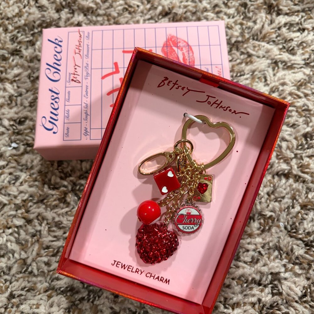 Betsey Johnson Cherry Soda Rhinestone Heart Charm Keychain Dice Kitsch NWT